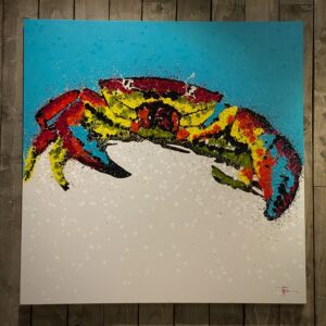Painting of a stone crab that is multi colored with a blue and white background