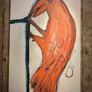 Abstract painting of a orange bird holding onto a branch with the words le bird on the painting