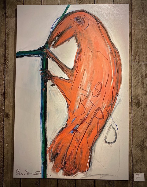 Abstract painting of a orange bird holding onto a branch with the words le bird on the painting