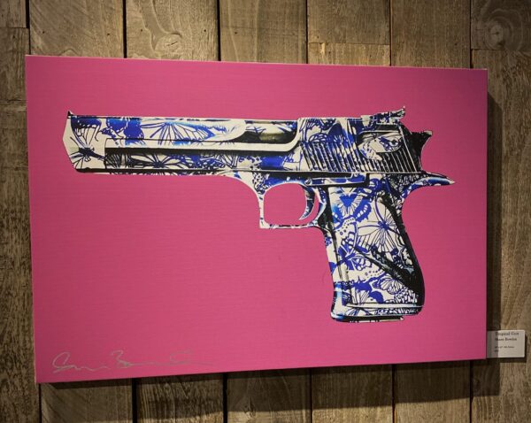 painting of a gun with tropical print on the gun and a purple background