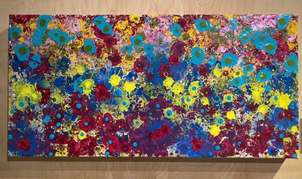Multi color 24x12 abstract splatter paint painting by Timothy Raines